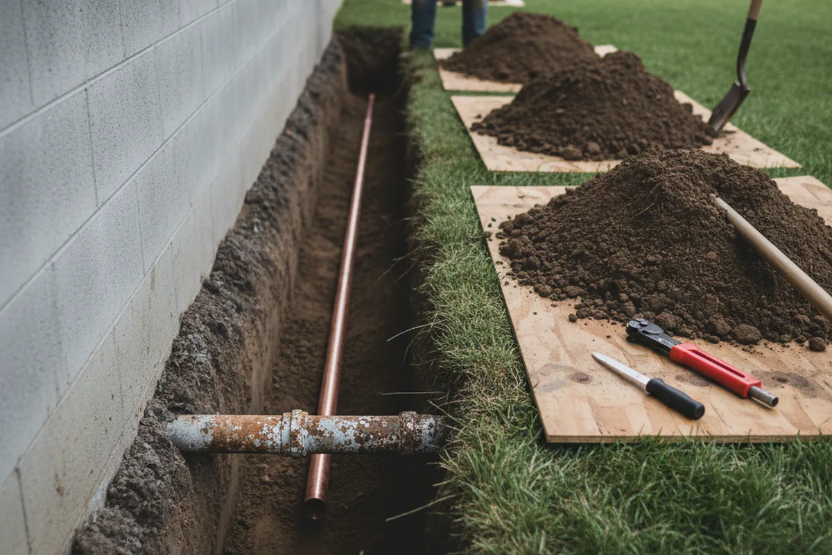 Excavated water line trench during Sewer Line Repair in Carville